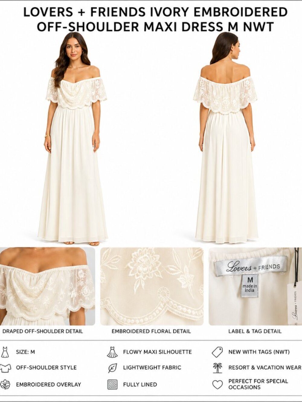 LOVERS + FRIENDS IVORY EMBROIDERED OFF-SHOULDER MAXI DRESS M NWT